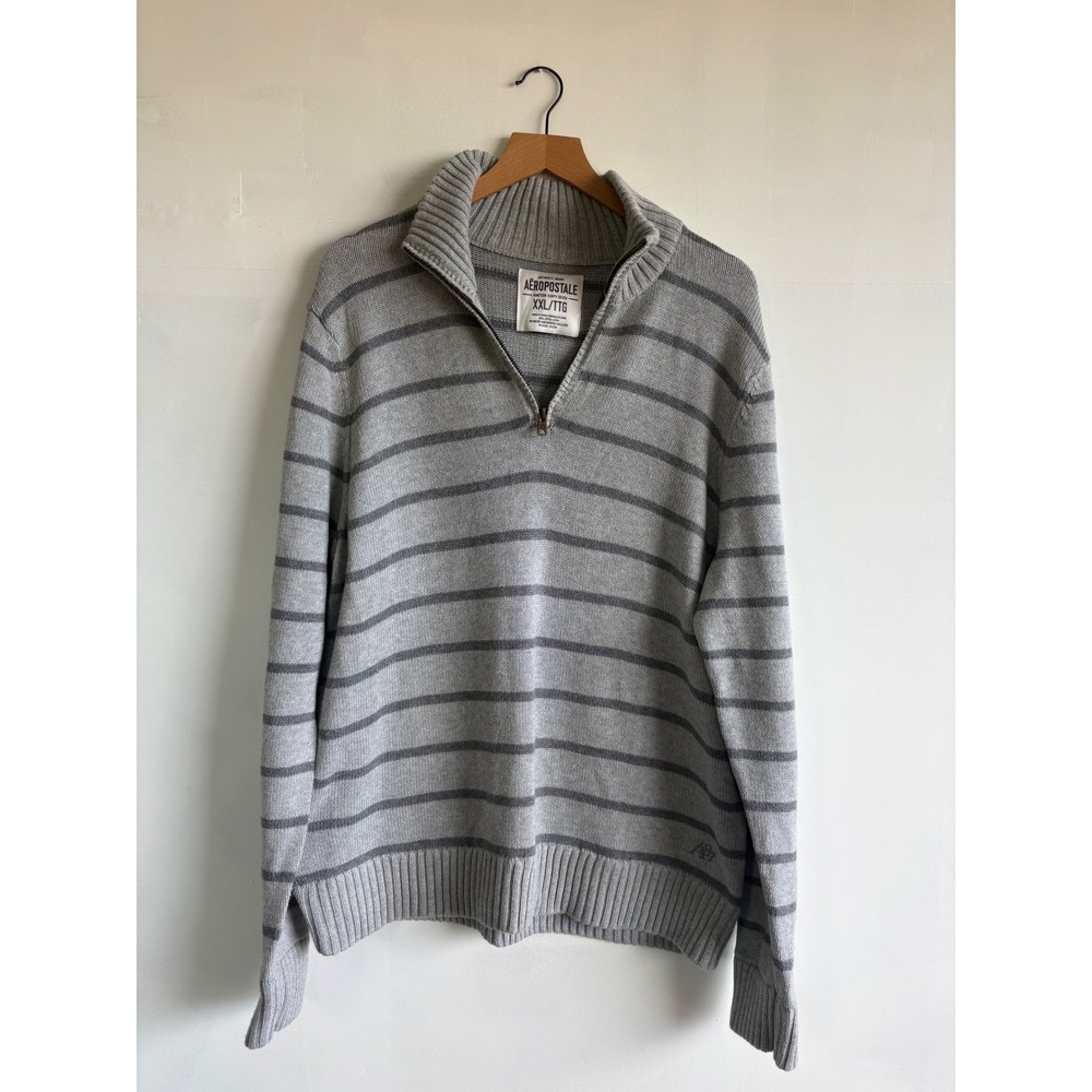 Aeropostale Mens XXL Gray Striped Quarter Zip Cotton Knit Sweater Mock Neck Logo